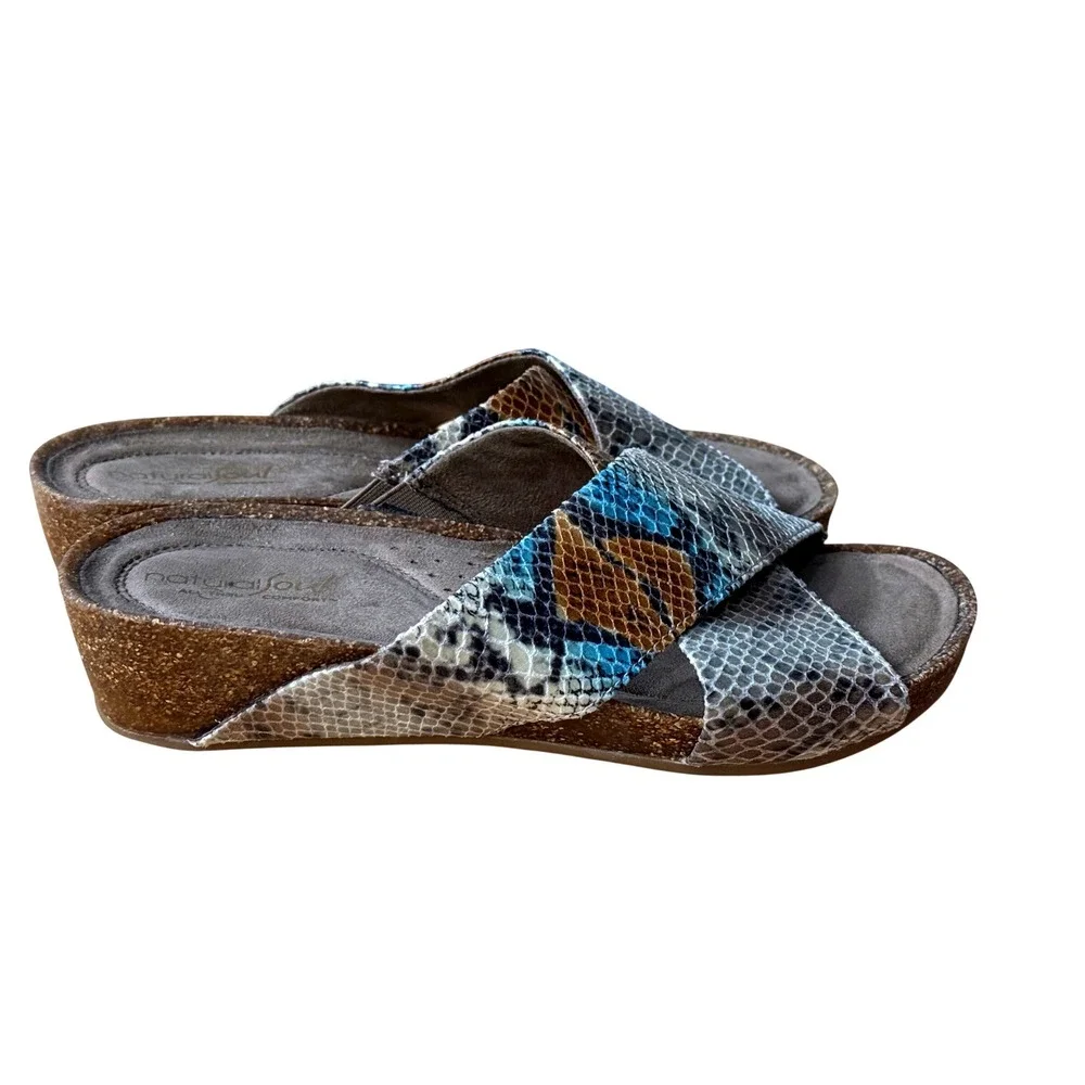 Natural Soul Snakeskin Print Cork Wedge Slide Sandals Blue Brown‎ Grey Womens